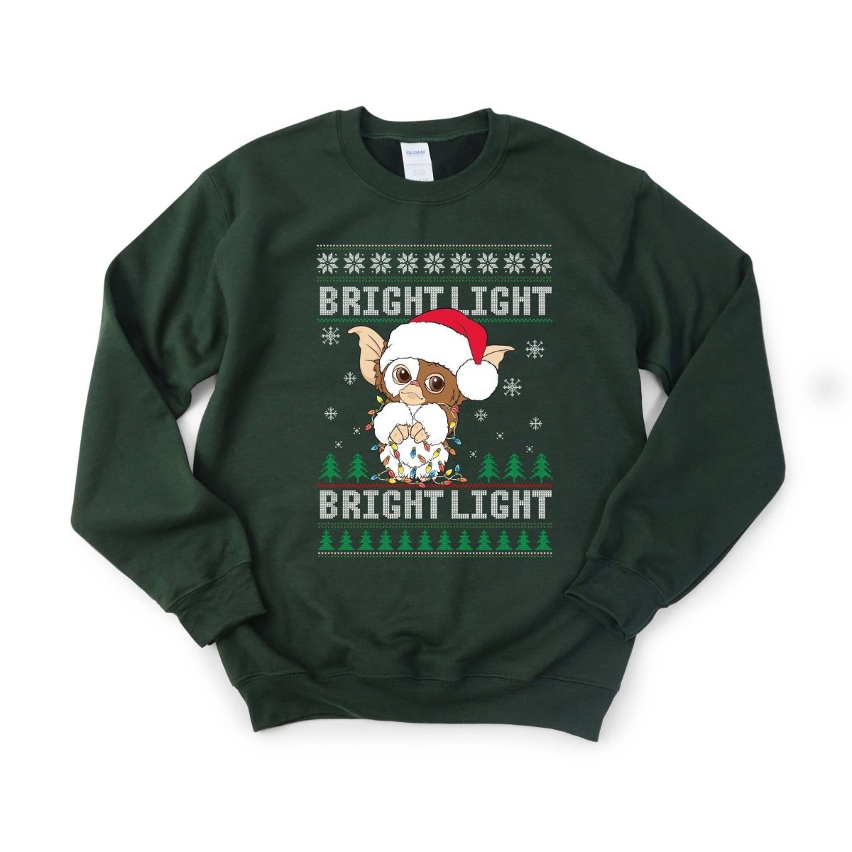 Forest green Gizmo Gremlins Holiday Christmas Bright Light Sweatshirt sitting on white background. Little Gift Nook