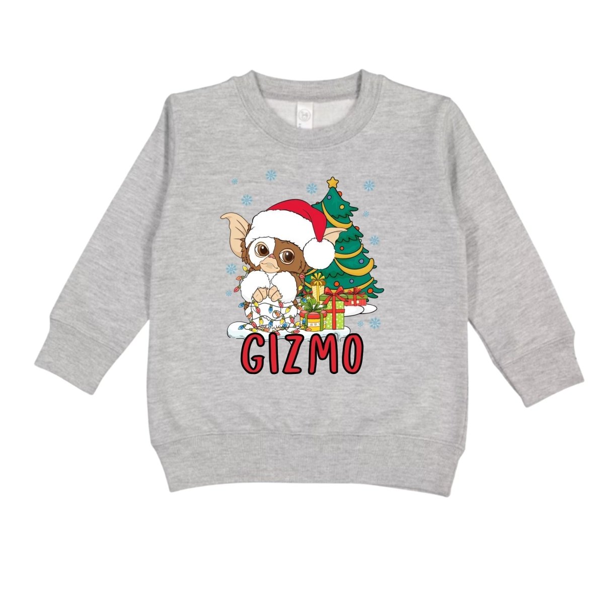 Heather gray Gizmo Christmas Holiday Crewneck Sweatshirt for Toddlers on a white background. Little Gift Nook