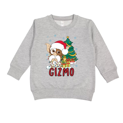 Heather gray Gizmo Christmas Holiday Crewneck Sweatshirt for Toddlers on a white background. Little Gift Nook
