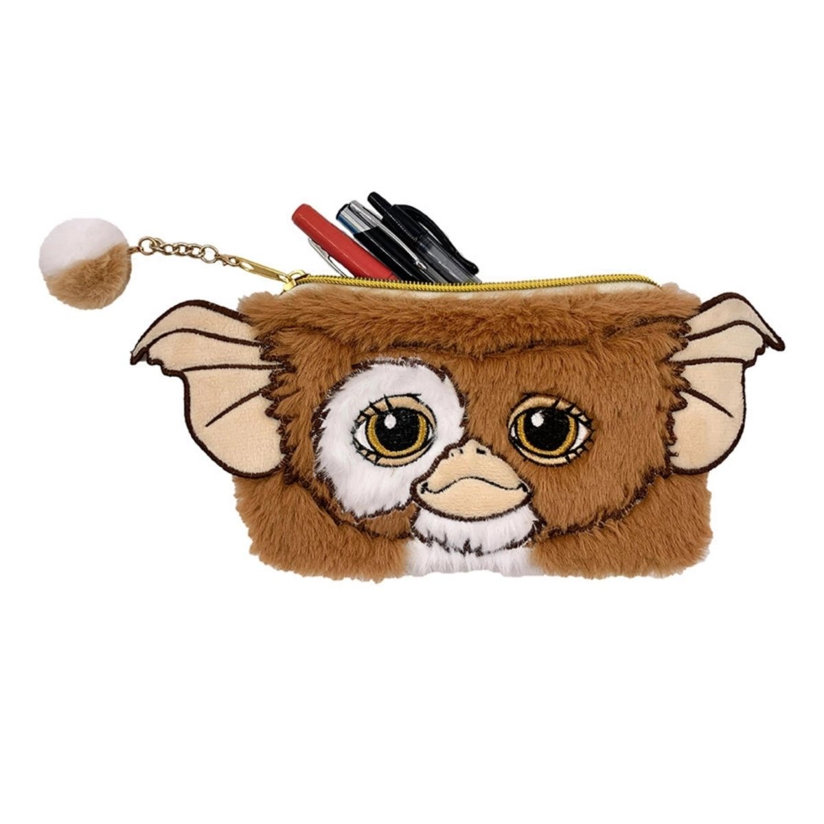 Gremlins Gizmo plush wristlet pencil case sitting on white background with pens sticking out. 