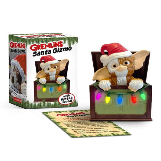Gremlins Santa Gizmo light up musical Gizmo peeking out of box with Christmas lights and rules for mogwai on white background with box package.