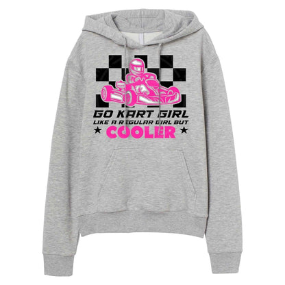 Gray hoodie with pink black checkered GO KART GIRL, Like a Regular girl only cooler image on front. Hoodie on white background.