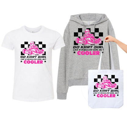 White tshirt, gray hoodie, or white tote bag Go Kart Girl black pink image "Like a Regular girl only cooler" checkered pattern on fronts. Little Gift Nook.