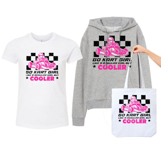 White tshirt, gray hoodie, or white tote bag Go Kart Girl black pink image "Like a Regular girl only cooler" checkered pattern on fronts. Little Gift Nook.