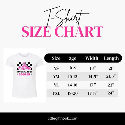 Go Kart Girl pink black image tshirt size chart. Little Gift Nook