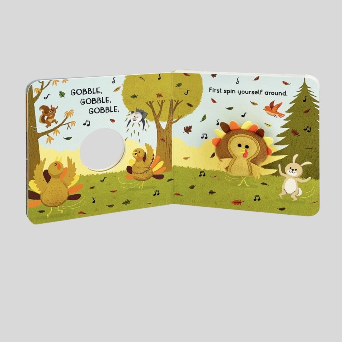Mini Thanksgiving Gobble Gobble kids puppet board book with Dance like a Turkey spin yourself around. 