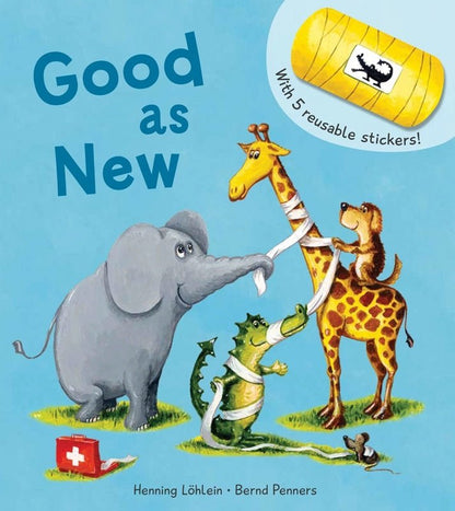 Good As New Bandage Reusable Sticker Board Book blue cover with animals and their bandages. 