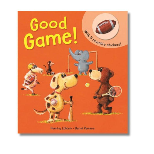 Good Game! Sports Reusable Sticker Board Book cover in orange with animals and 5 sports ball stickers on sitting on white background. Little Gift Nook.