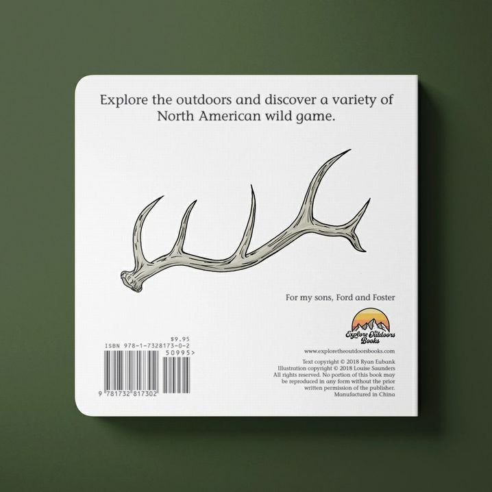 Back cover of Good Luck Hunters board book with antler. Book is sitting on forest green background.