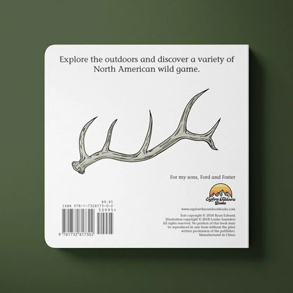 Back cover of Good Luck Hunters board book with antler. Book is sitting on forest green background.