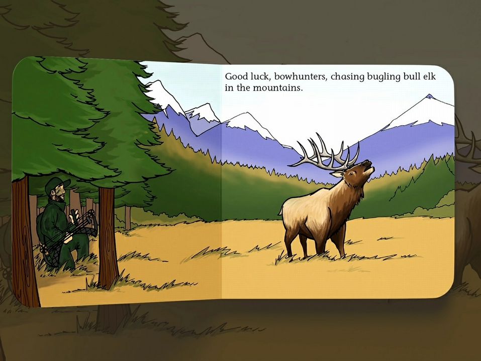 Inside the Good Luck Hunters Board book with giant elk and bow hunter in woods.