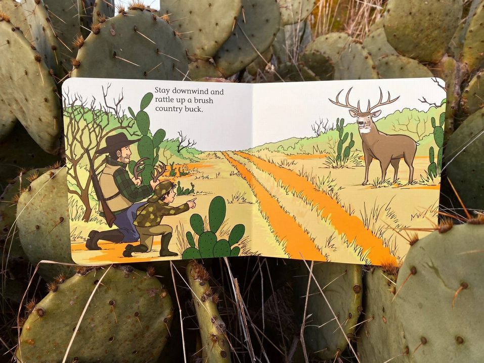Inside Good Luck Hunters board book with father and son hunting big buck. 