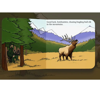 Illustration of page in book "Good Luck Hunter" of a hunter with a bow and an elk in a mountainous landscape.