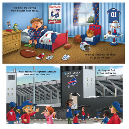 Inside pages of Good Night Bills Board book showing child waking up in a Bills theme'd bedroom and in front of stadium. 