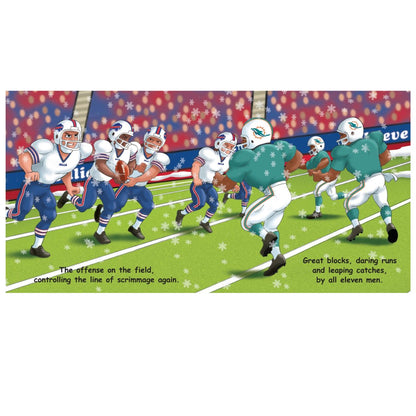 Inside pages of children's board book Good Night Bills showing game on field. Open book sitting on white background.