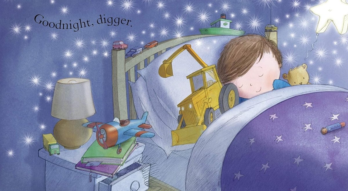 Inside Goodnight Digger book little boy sleeping with toy digger vehicle.