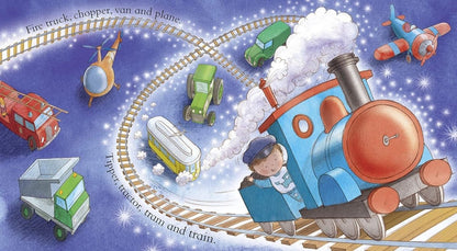 Inside Goodnight Digger book little boy playing with trains.