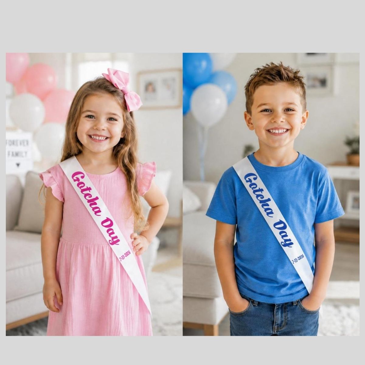 Two children, a girl and a boy, wearing 'Gotcha Day' adoptions sashes in a living room setting with balloons.