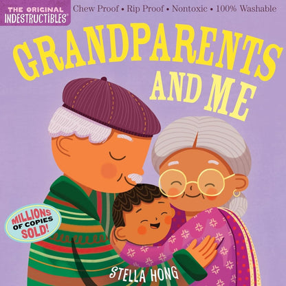 Indestructible chew and rip proof baby book titled Grandparents and Me with grandma and grandpa on front hugging a grandchild.