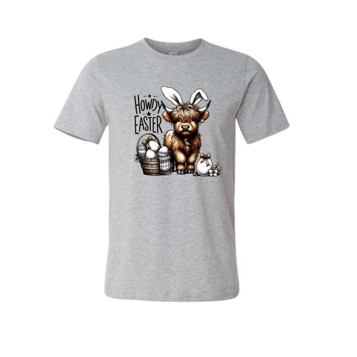 Gray tshirt with image of cow wearing bunny ears and easter basket with eggs "Howdy Easter" on a white background.