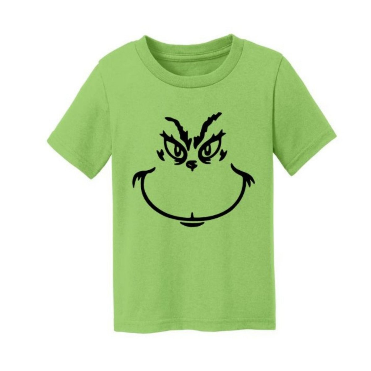 Lime green black grinch face tshirt for toddler and kids laying on white background.