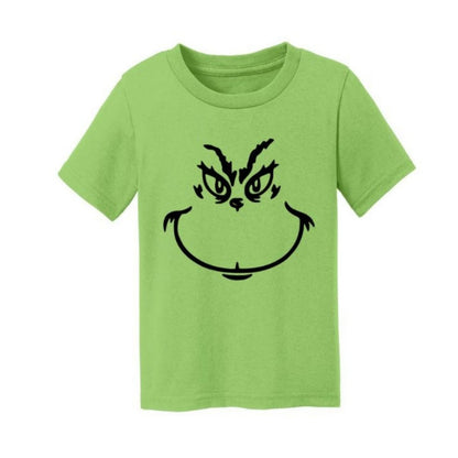 Lime green black grinch face tshirt for toddler and kids laying on white background.