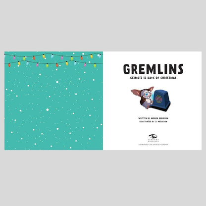 Book inside cover of 'Gremlins: Gizmo's 12 Days of Christmas' with a teal background and festive lights, Gizmo watching tv in 3d glasses.