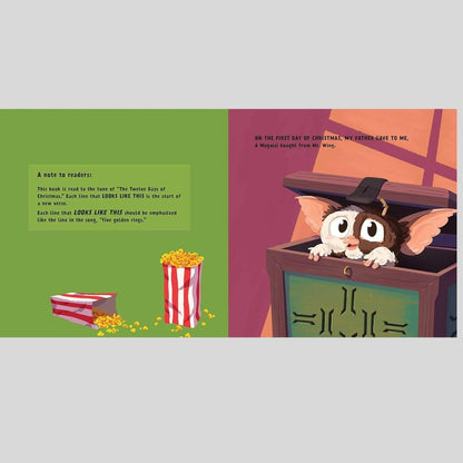 Illustration of a cartoon Gizmo peeking out from a box with popcorn, on a colorful background.