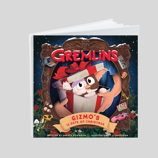 Book cover of 'Gremlins: Gizmo's 12 Days of Christmas' on a gray background. Little Gift Nook