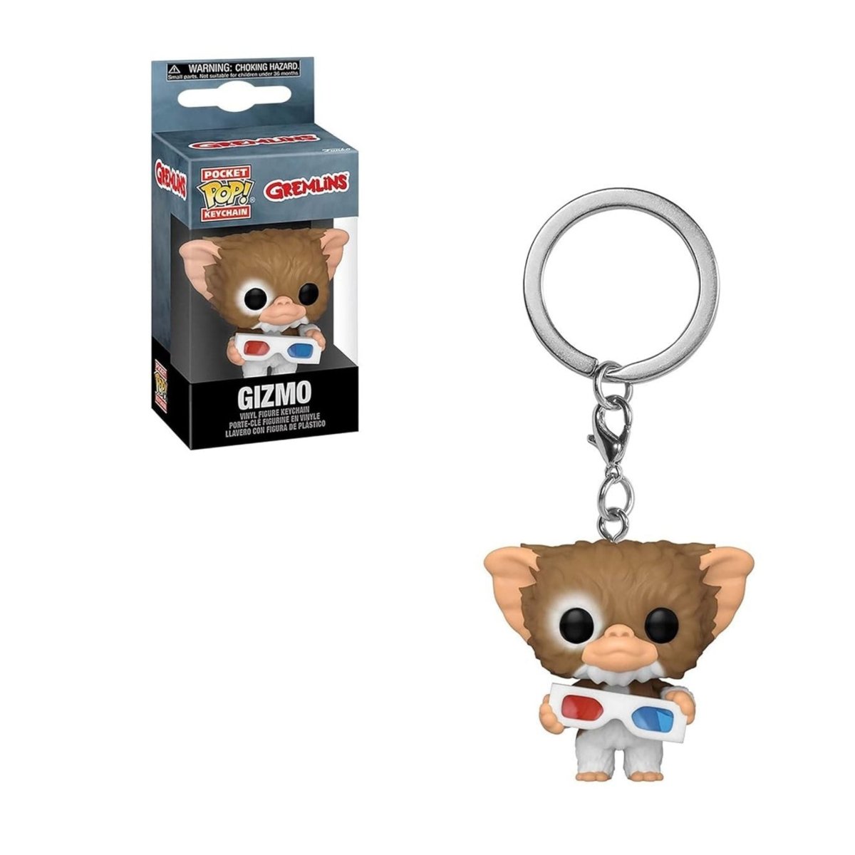 Mini Pop Figure Gremlins Gizmo keychain with 3D Glasses in box and lose on white background. Little Gift Nook