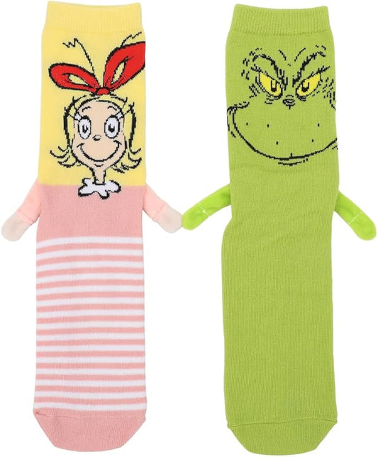 Grinch and Cindy-Lou-Who magnetic hand holding socks for women on white background. Little Gift Nook