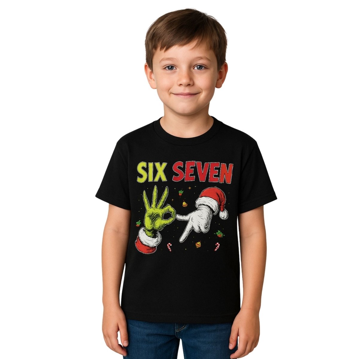 Boy wearing black tshirt with Six seven 6-7 Grinch Santa hands on front. Standing on white background.