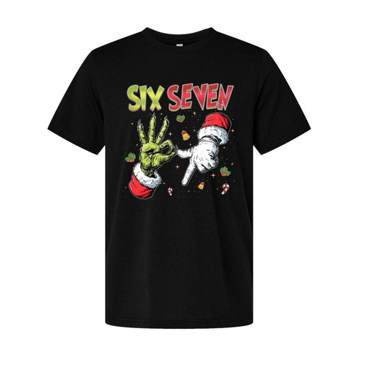 Black kids Six Seven 6-7 Grinch Santa Holiday Tshirt on white background. Little Gift Nook
