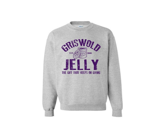 heather gray and purple Griswold Jelly sweatshirt laying on white background. Little Gift Nook