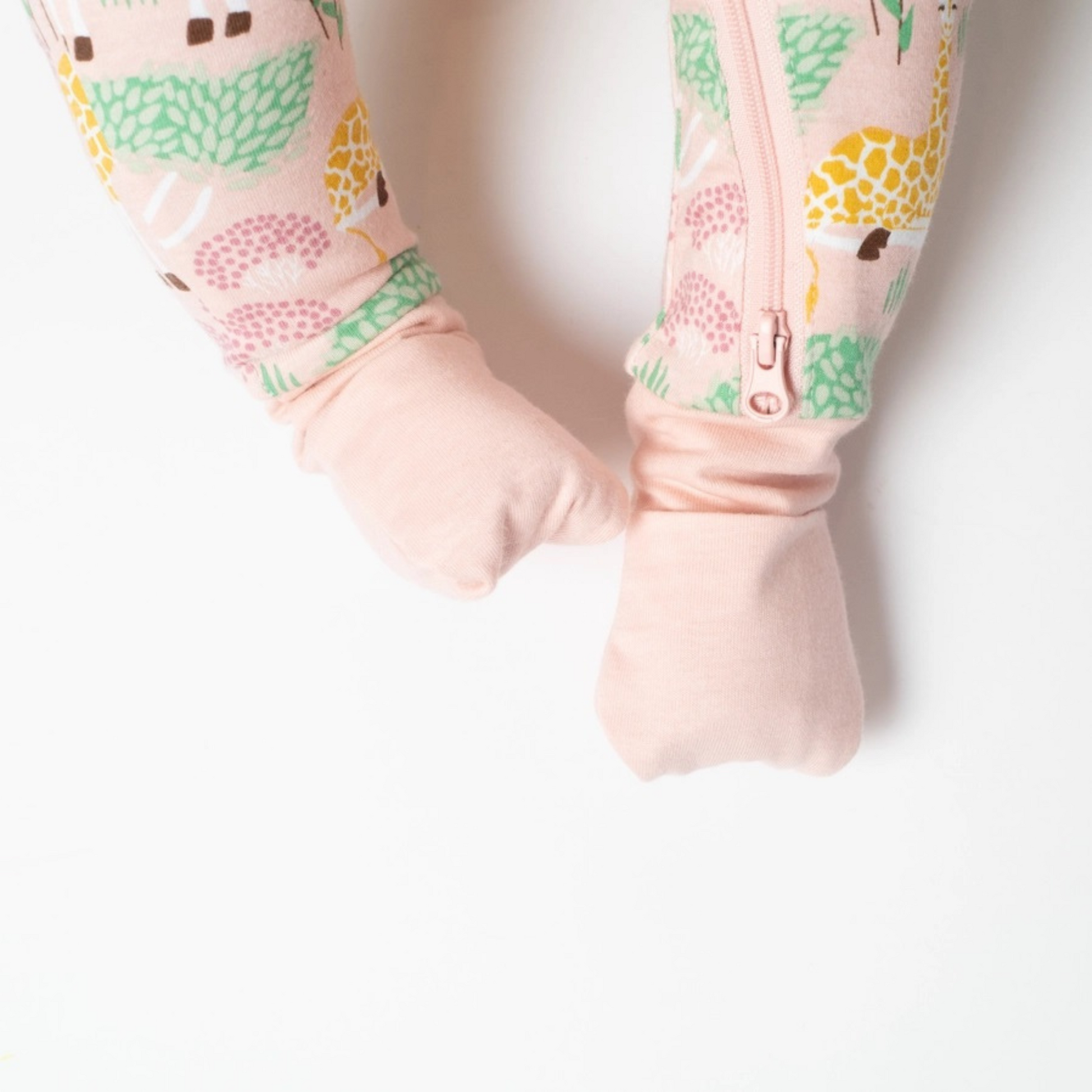 Grow with Me 100% Cotton Giraffe Romper Sleeper close up of fold over footed feet. - Little Gift Nook