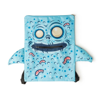 Blue Halloween Zipper Mouth Trick or Treat Backpack mummy with small front pocket and top zips open on white background.