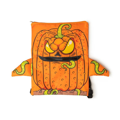 Orange pumpkin theme Halloween Zipper Mouth Trick or Treat Backpack on white background.