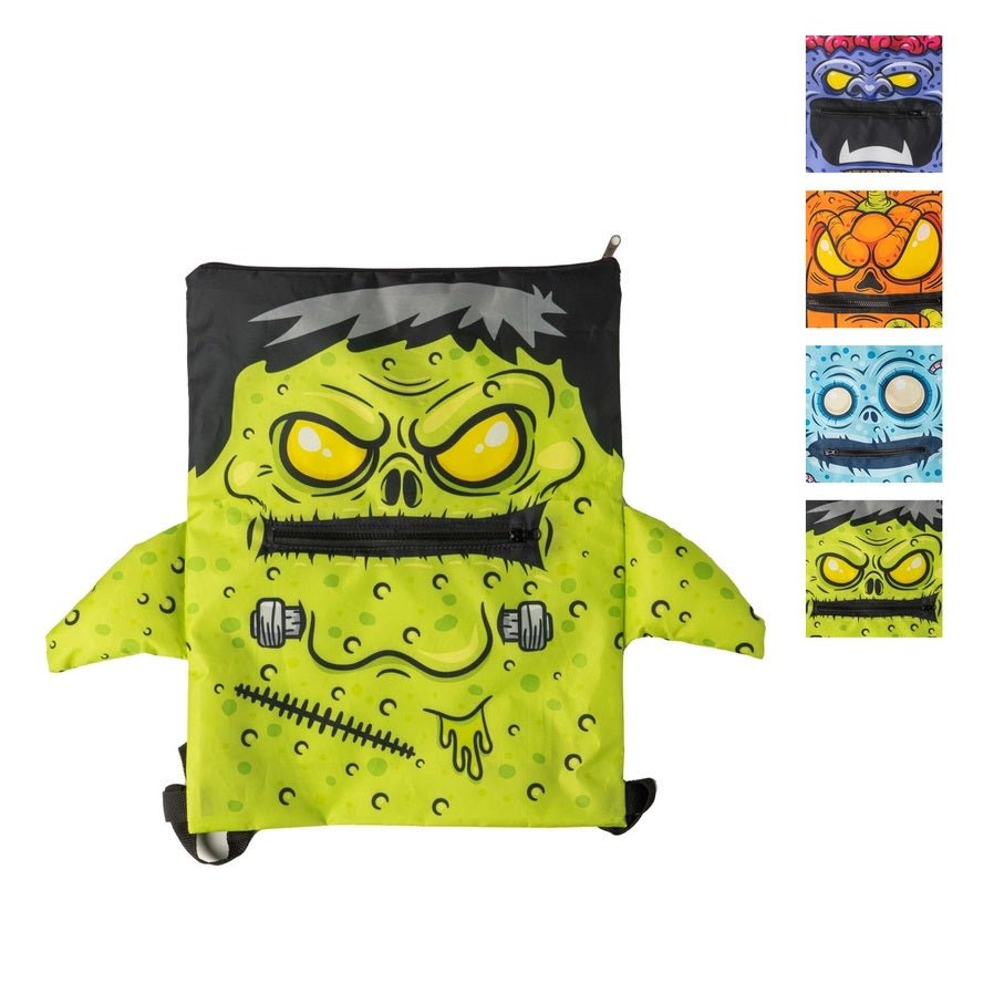 Halloween Zipper Mouth Trick or Treat Backpacks - Green Frankenstein style, purple monster, orange pumpkin, blue zombie laying on white background. Little Gift Nook