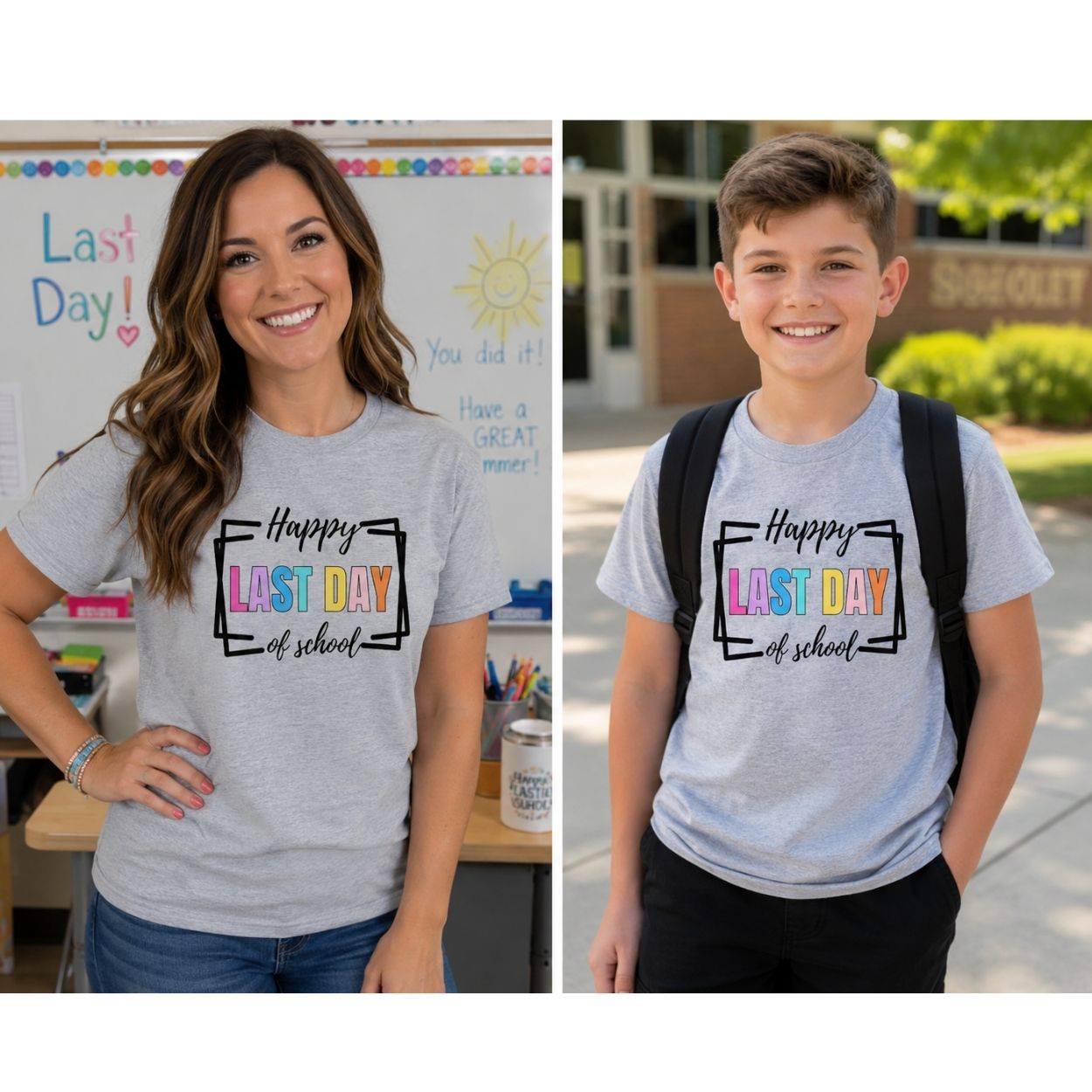 Teacher and student wearing heather-gray Happy Last Day of School colorful and black box design t-shirts.
