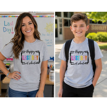 Teacher and student wearing heather-gray Happy Last Day of School colorful and black box design t-shirts.