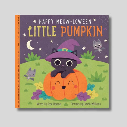 Happy Meow Loween Little Pumpkin Board Book with purple orange cover of cat inside pumpkin costume cover on white background.