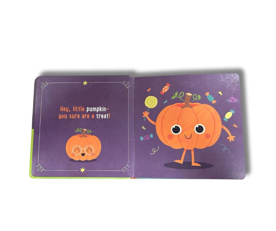 Inside the little pupmpkin board book - purple orange pages with little pumpkin sitting on white background. 