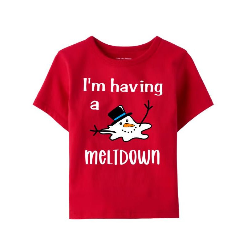 I'm having a meltdown Red White Snowman Tshirt with partially melted snowman in top hat on front. - Little Gift Nook