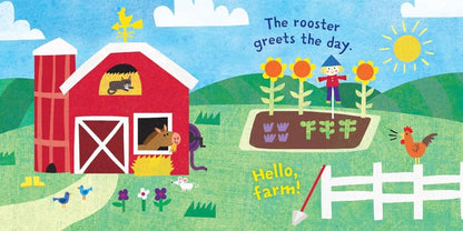 Indestructible Hello! Farm rip and chew proof baby book inside pages with barn and rooster. 