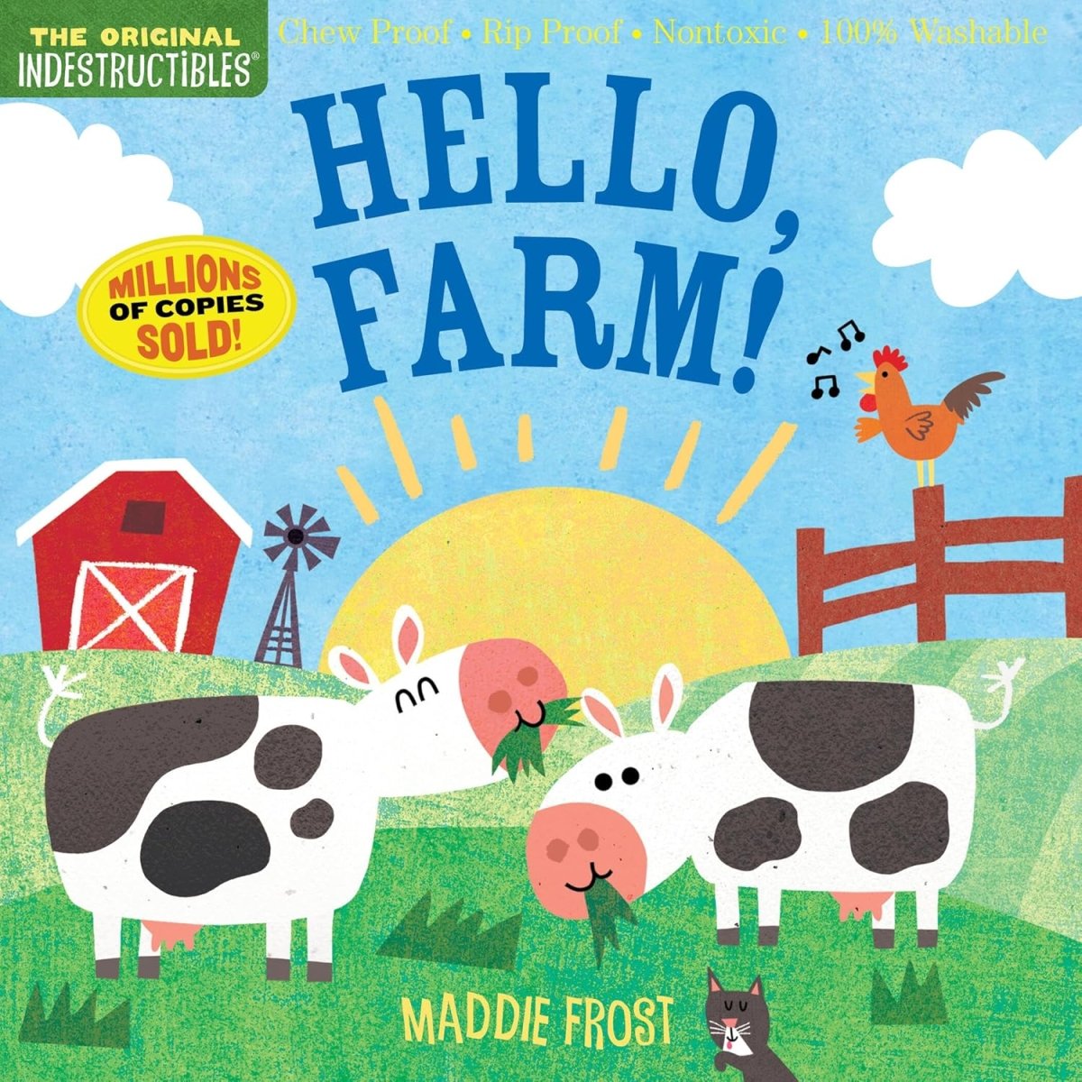 Hello Farm indestructible chew and rip proof baby book front cover with cows and sun.