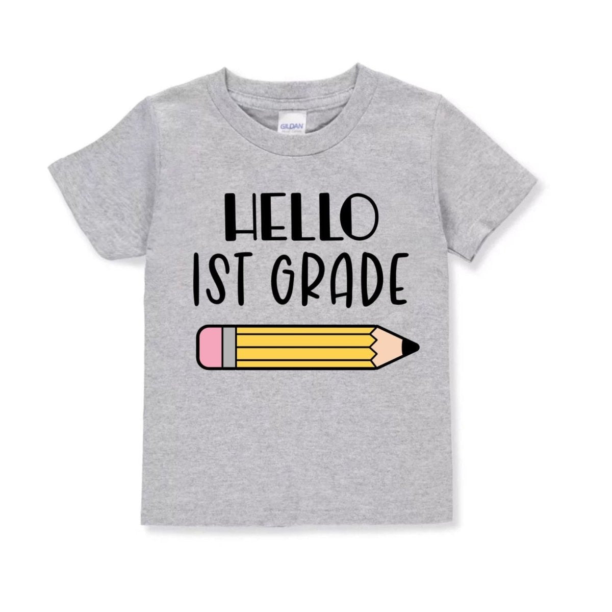 Gray t-shirt with 'Hello 1st Grade' text and pencil graphic on a white background