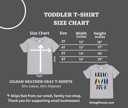 Back to School Gray "Hello Pre-K" Crayons T-shirts size chart.