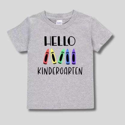 Gray "hello kindergarten" colorful crayons tshirt back to school laying flat. - Little Gift Nook