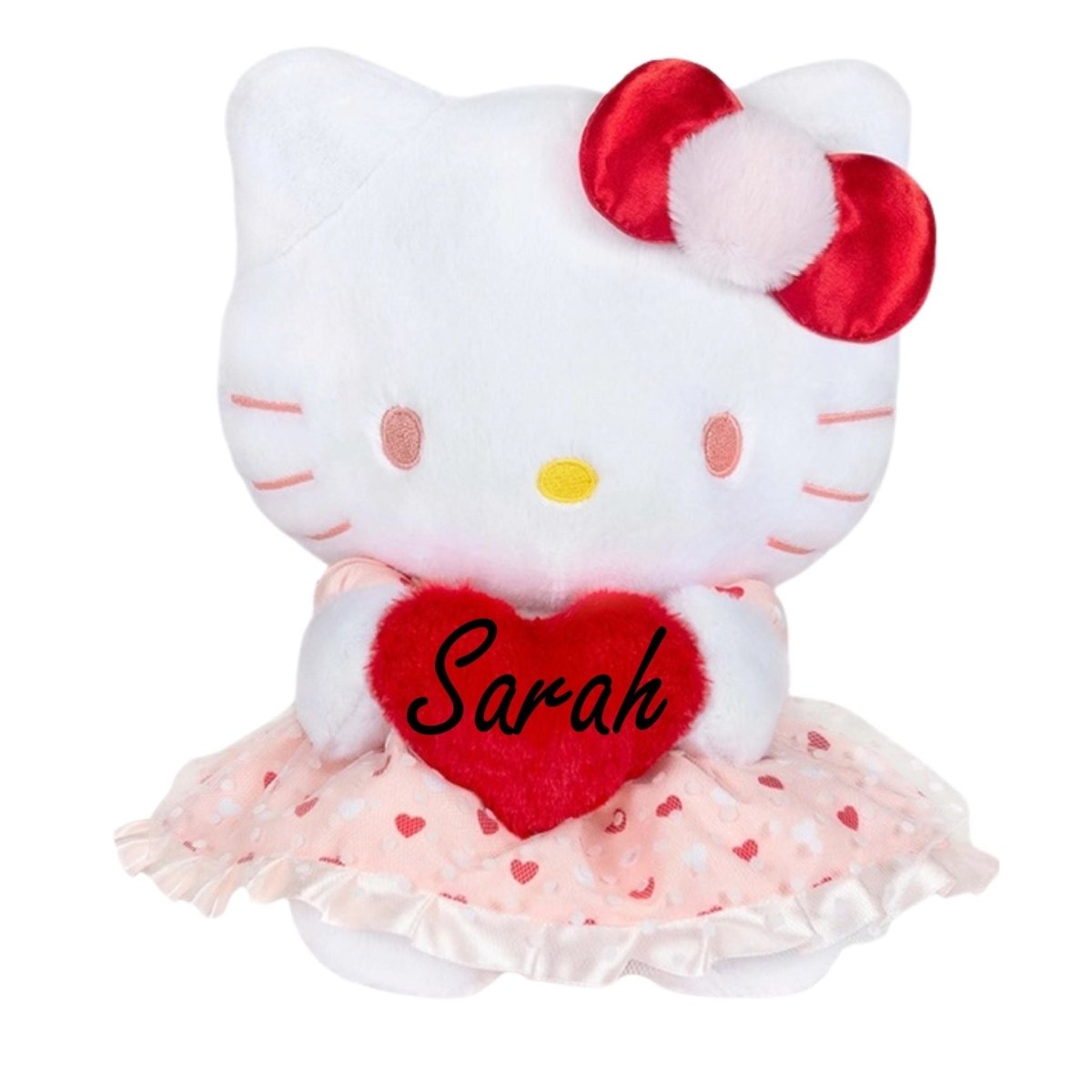 Hello kitty plush stuffed toy with pink heart print dress, red hair bow, and holding red heart with personalized name on it sitting on white background. Little Gift Nook