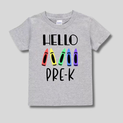 Gray t-shirt with colorful crayon illustrations and 'HELLO PRE-K' text on a gray background.